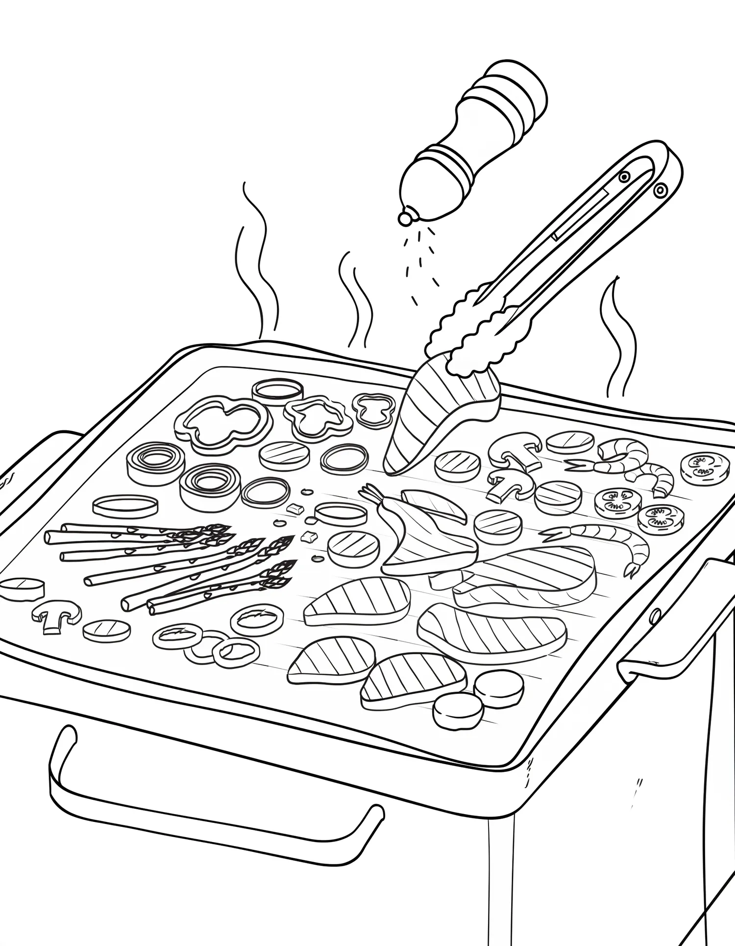 Plancha et Grillades Fumantes, Coloriage cuisine à imprimer gratuitement